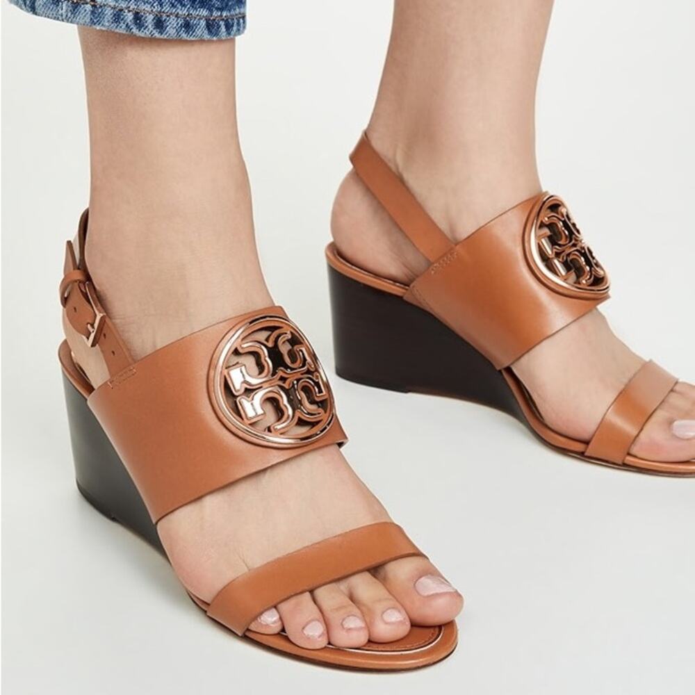 TORY BURCH Brown Leather Rose Gold Emblem Miller Wedge $350 Heeled Sandals 8.5